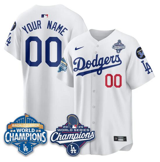 Men's Los Angeles Dodgers Active Player Custom White 2025 World Series Champions & Back to Back Champions With No.34 Patch Limited Stitched Baseball Jersey Men's Los Angeles Dodgers Active Player Custom White 2025 World Series Champions & Back to Back Champions With No.34 Patch Limited Stitched Baseball Jersey