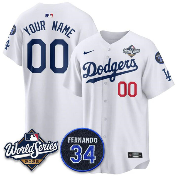 Men's Los Angeles Dodgers Active Player Custom White 2025 World Series With No.34 Patch Home Limited Stitched Baseball Jersey Men's Los Angeles Dodgers Active Player Custom White 2025 World Series With No.34 Patch Home Limited Stitched Baseball Jersey