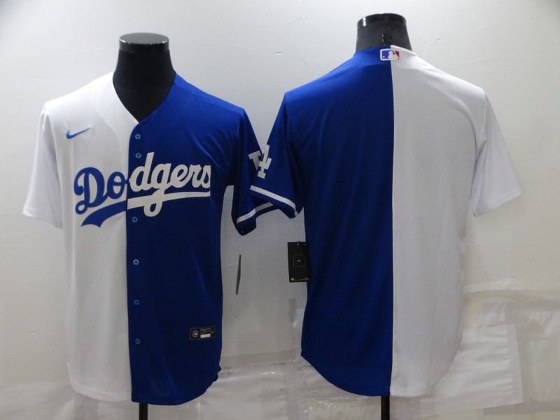 Men's Los Angeles Dodgers Blank White Blue Split Cool Base Stitched Baseball JerseyS