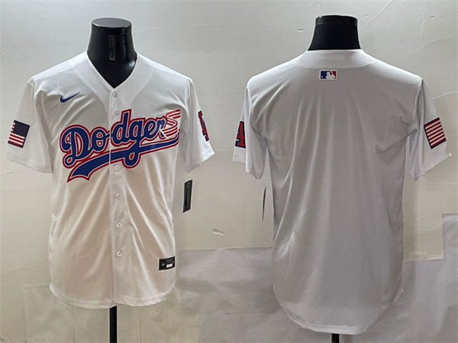 Men's Los Angeles Dodgers Blank White With American Flag Patch Limited Stitched Baseball Jersey