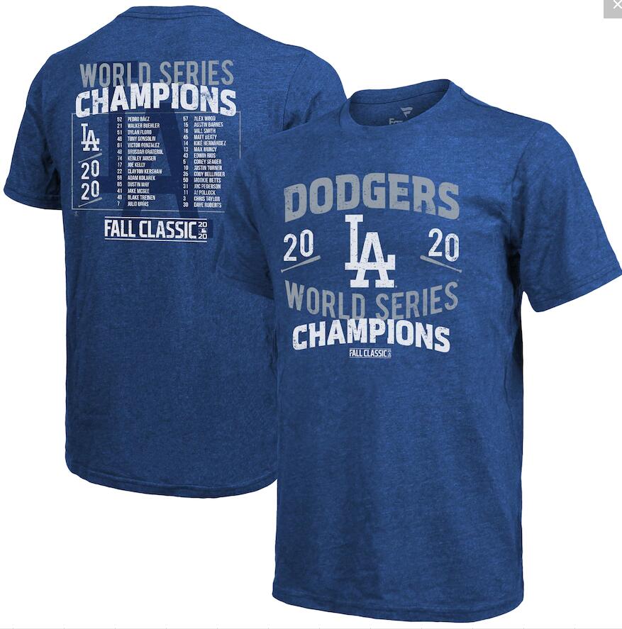 Men's Los Angeles Dodgers Fanatics Branded Royal 2020 World Series Champions Dream Team Roster T-Shirt Men's Los Angeles Dodgers Fanatics Branded Royal 2020 World Series Champions Dream Team Roster T-Shirt
