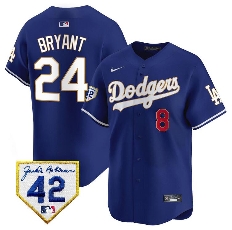 Men's Los Angeles Dodgers Front #8 Back #24 Kobe Bryant Royal With Jackie Robinson Patch Limited Stitched Baseball Jersey Men's Los Angeles Dodgers Front #8 Back #24 Kobe Bryant Royal With Jackie Robinson Patch Limited Stitched Baseball Jersey