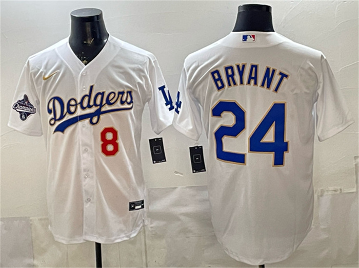 Men's Los Angeles Dodgers Front #8 Back #24 Kobe Bryant White Gold With 2025 World Series Champions Patch Stitched Baseball Jersey Men's Los Angeles Dodgers Front #8 Back #24 Kobe Bryant White Gold With 2025 World Series Champions Patch Stitched Baseball Jersey