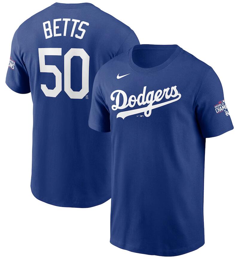 Men's Los Angeles Dodgers Mookie Betts Nike Royal 2020 World Series Champions Name & Number T-Shirt Men's Los Angeles Dodgers Mookie Betts Nike Royal 2020 World Series Champions Name & Number T-Shirt