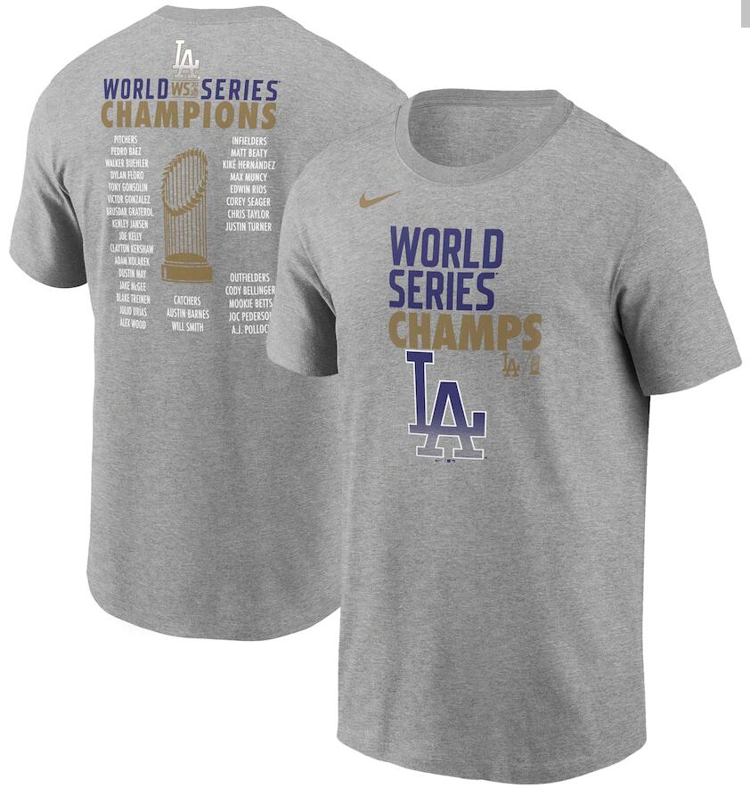 Men's Los Angeles Dodgers Nike Heather Gray 2020 World Series Champions Roster T-Shirt Men's Los Angeles Dodgers Nike Heather Gray 2020 World Series Champions Roster T-Shirt