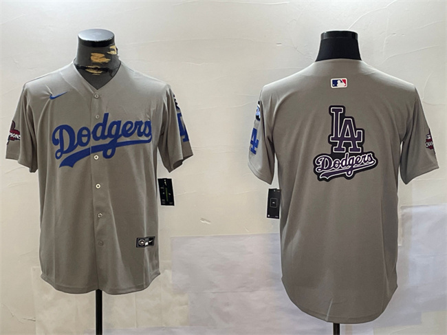 Men's Los Angeles Dodgers Team Big Logo Grey 2024 World Series Champions With Fernando Memorial Patch Limited Stitched Baseball Jersey Men's Los Angeles Dodgers Team Big Logo Grey 2024 World Series Champions With Fernando Memorial Patch Limited Stitched Baseball Jersey
