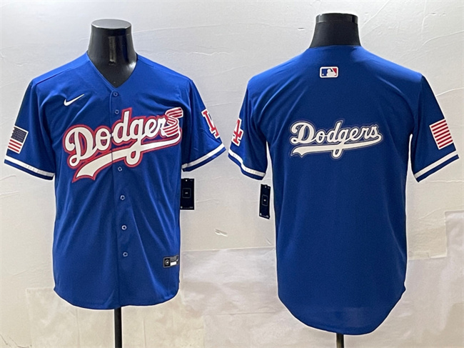 Men's Los Angeles Dodgers Team Big Logo Royal With American Flag Patch Limited Stitched Baseball Jersey 1