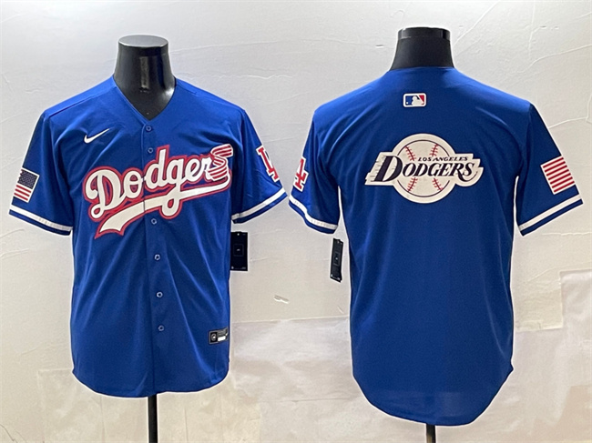 Men's Los Angeles Dodgers Team Big Logo Royal With American Flag Patch Limited Stitched Baseball Jersey 2