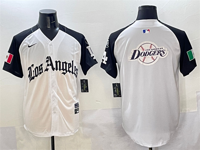 Men's Los Angeles Dodgers Team Big Logo White Black Mexico 2025 LA Gothic Style With Fernando Patch Vapor Premier Limited Stitched Baseball Jersey 2