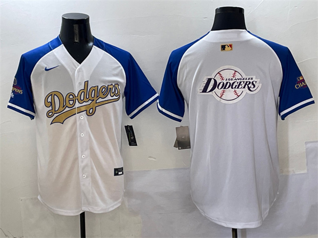 Men's Los Angeles Dodgers Team Big Logo White Royal Gold 2024 World Series Champions Vapor Limited Stitched Baseball Jersey 1