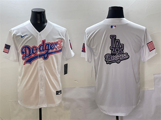 Men's Los Angeles Dodgers Team Big Logo White With American Flag Patch Limited Stitched Baseball Jersey 1