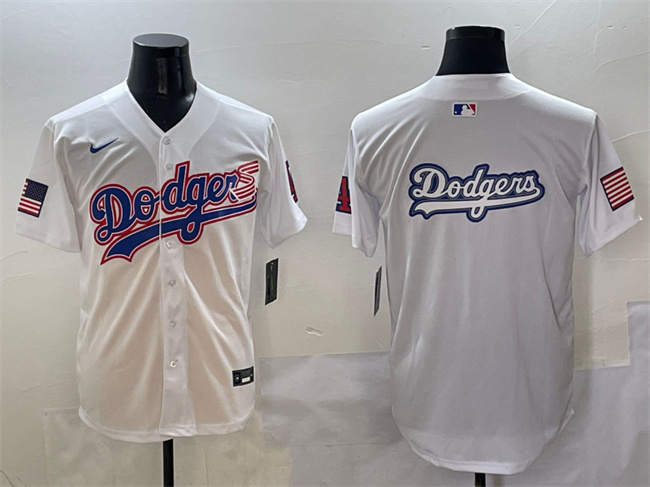 Men's Los Angeles Dodgers Team Big Logo White With American Flag Patch Limited Stitched Baseball Jersey 2