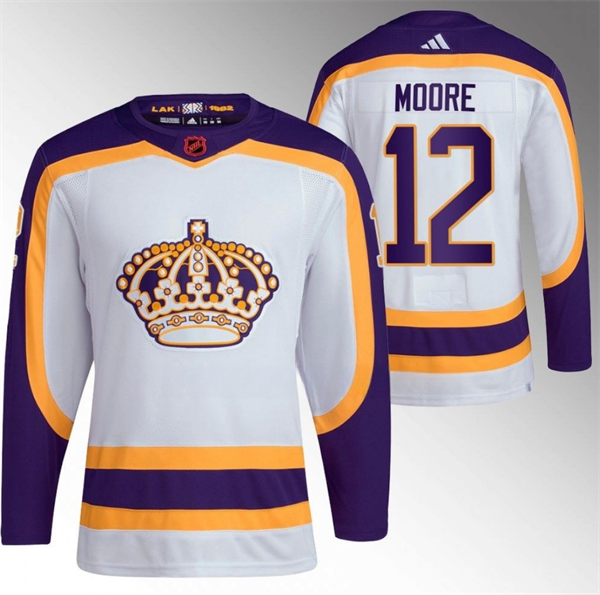 Men's Los Angeles Kings #12 Trevor Moore White 2022 Reverse Retro Stitched Jersey Men's Los Angeles Kings #12 Trevor Moore White 2022 Reverse Retro Stitched Jersey
