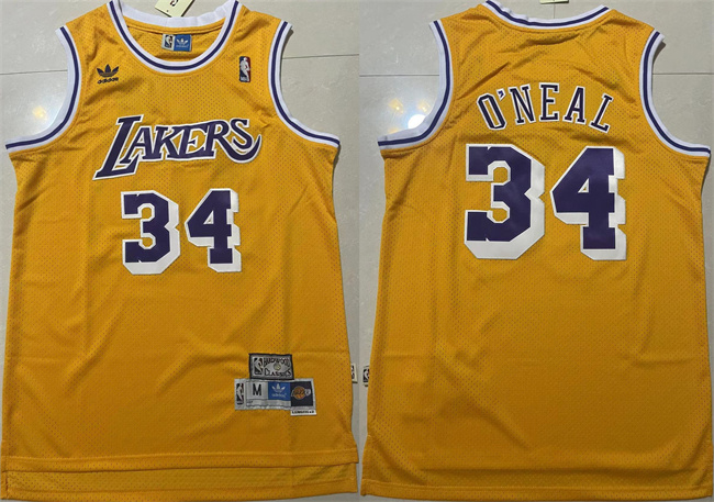 Men's Los Angeles Lakers ##34 Shaquille O'Neal Yellow Throwback Basketball Jersey Men's Los Angeles Lakers ##34 Shaquille O'Neal Yellow Throwback Basketball Jersey
