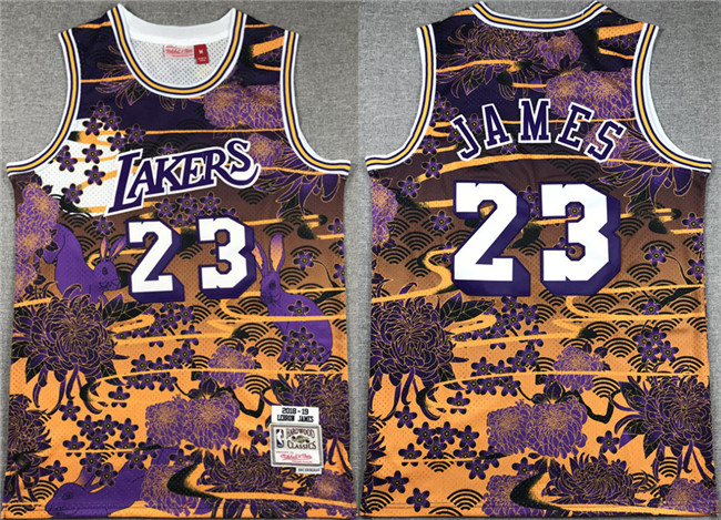 Men's Los Angeles Lakers #23 LeBron James Purple Yellow Throwback Basketball Jersey Men's Los Angeles Lakers #23 LeBron James Purple Yellow Throwback Basketball Jersey