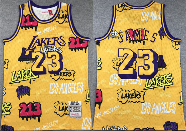 Men's Los Angeles Lakers #23 LeBron James Yellow 1996-97 Throwback Basketball Jersey Men's Los Angeles Lakers #23 LeBron James Yellow 1996-97 Throwback Basketball Jersey