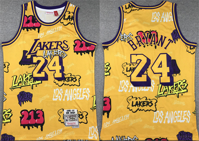 Men's Los Angeles Lakers #24 Kobe Bryant Yellow 1996-97 Throwback Basketball Jersey Men's Los Angeles Lakers #24 Kobe Bryant Yellow 1996-97 Throwback Basketball Jersey