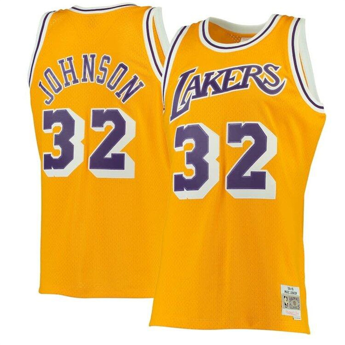 Men's Los Angeles Lakers #32 Magic Johnson Mitchell & Ness Gold 1984-85 Hardwood Classics Swingman Basketball Jersey Men's Los Angeles Lakers #32 Magic Johnson Mitchell & Ness Gold 1984-85 Hardwood Classics Swingman Basketball Jersey