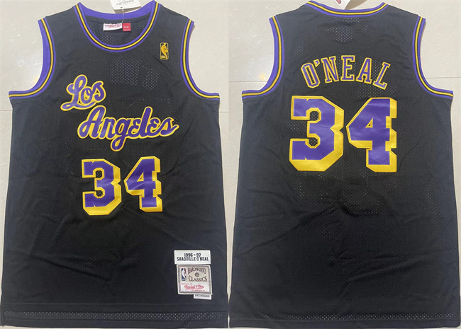 Men's Los Angeles Lakers #34 Shaquille O'Neal Black 1997-98 Black Throwback Basketball Jersey Men's Los Angeles Lakers #34 Shaquille O'Neal Black 1997-98 Black Throwback Basketball Jersey