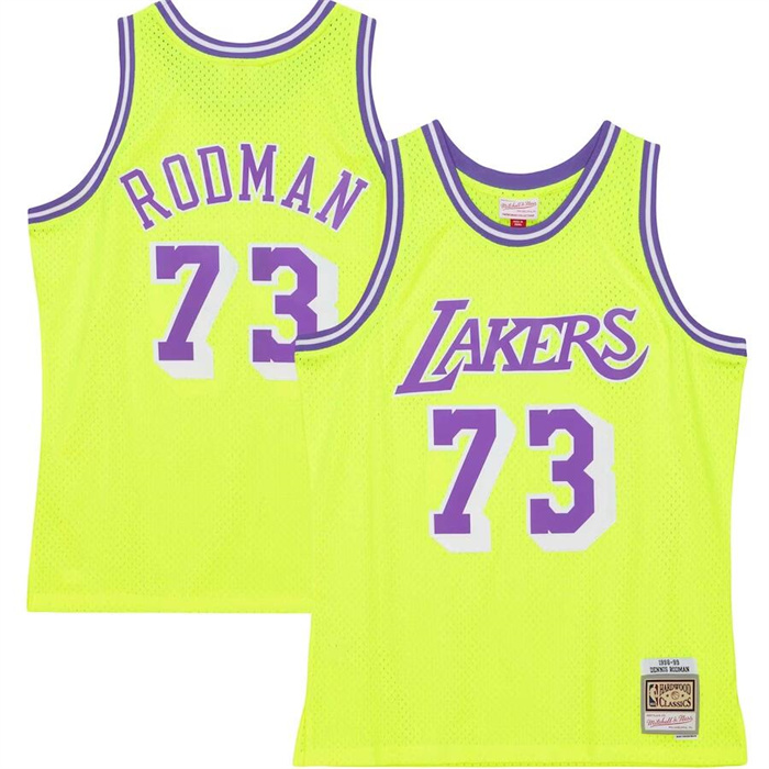 Men's Los Angeles Lakers #73 Dennis Rodman Mitchell & Ness Neon Yellow Hardwood Classics 1998 99 Tropical Swingman Jersey Men's Los Angeles Lakers #73 Dennis Rodman Mitchell & Ness Neon Yellow Hardwood Classics 1998 99 Tropical Swingman Jersey