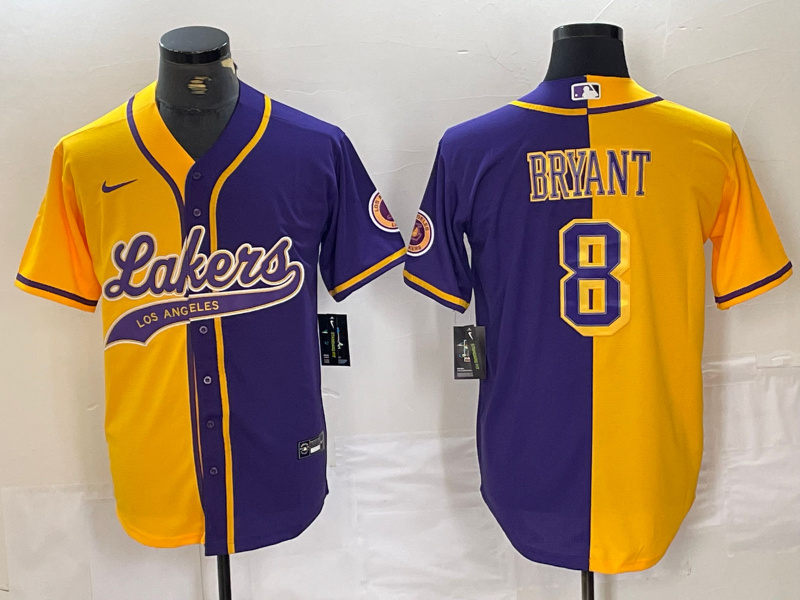 Men's Los Angeles Lakers #8 Kobe Bryant Gold Purple Split Stitched Baseball Jersey 4 Men's Los Angeles Lakers #8 Kobe Bryant Gold Purple Split Stitched Baseball Jersey 4