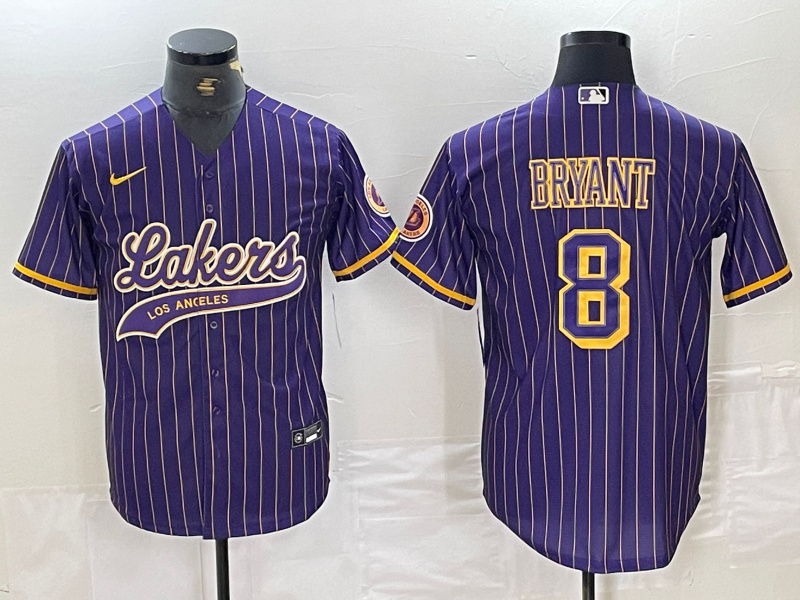 Men's Los Angeles Lakers #8 Kobe Bryant Purple Pinstripe Cool Base Stitched Baseball Jersey 2 Men's Los Angeles Lakers #8 Kobe Bryant Purple Pinstripe Cool Base Stitched Baseball Jersey 2