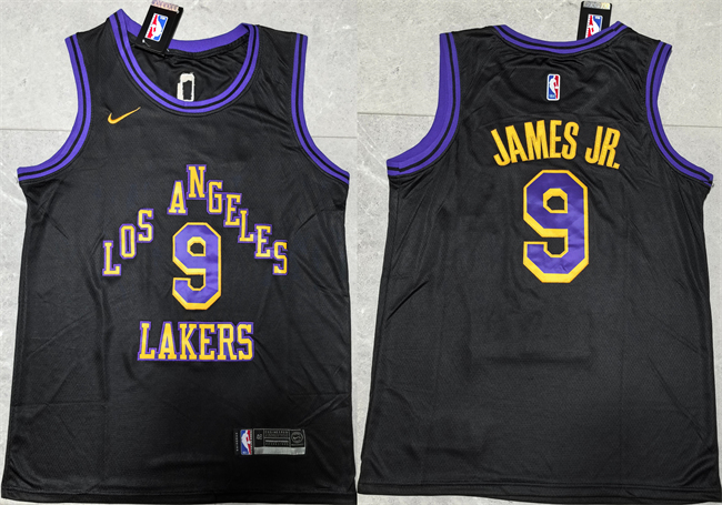 Men's Los Angeles Lakers #9 Bronny James Jr. Black 2024 Draft Stitched Basketball Jersey1 Men's Los Angeles Lakers #9 Bronny James Jr. Black 2024 Draft Stitched Basketball Jersey1