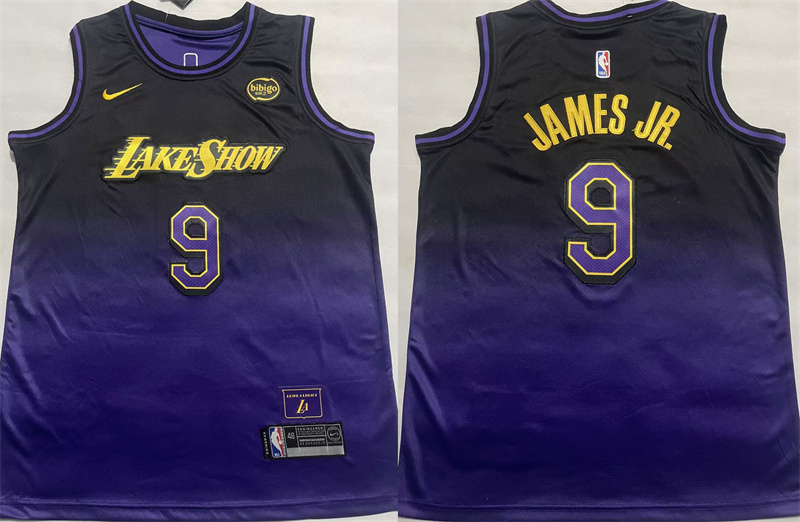 Men's Los Angeles Lakers #9 Bronny James Purple 2024-25 City Edition Stitched Basketball Jersey Men's Los Angeles Lakers #9 Bronny James Purple 2024-25 City Edition Stitched Basketball Jersey