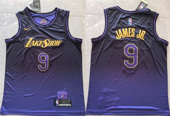 Men's Los Angeles Lakers #9 Bronny James Purple 2024 City Edition Stitched Basketball Jersey Men's Los Angeles Lakers #9 Bronny James Purple 2024 City Edition Stitched Basketball Jersey