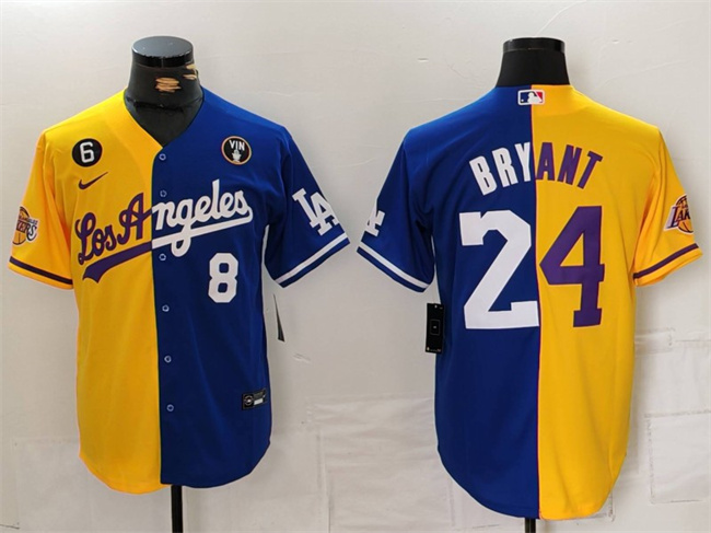 Men's Los Angeles Lakers & Dodgers Front #8 Back #24 Kobe Bryant Gold Blue Split With Patch Stitched Jersey Men's Los Angeles Lakers & Dodgers Front #8 Back #24 Kobe Bryant Gold Blue Split With Patch Stitched Jersey