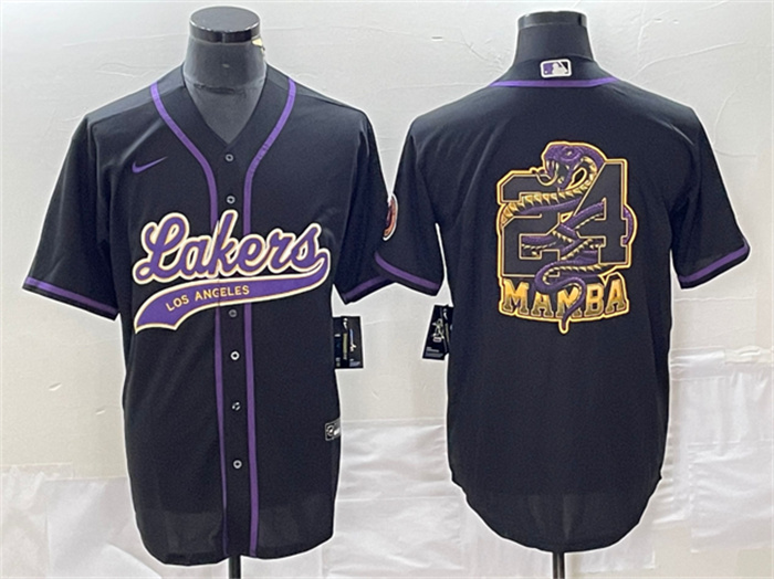 Men's Los Angeles Lakers Black #24 Mamba Big Logo Cool Base Stitched Baseball Jersey Men's Los Angeles Lakers Black #24 Mamba Big Logo Cool Base Stitched Baseball Jersey
