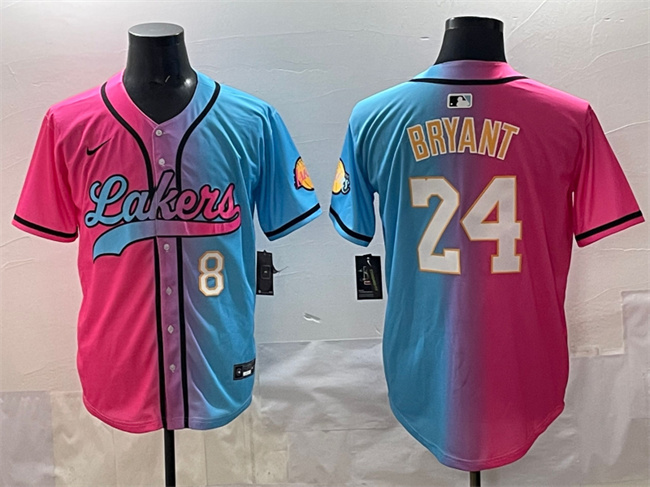 Men's Los Angeles Lakers Front #8 Back #24 Kobe Bryant Pink Blue Limited Stitched Baseball Jersey Men's Los Angeles Lakers Front #8 Back #24 Kobe Bryant Pink Blue Limited Stitched Baseball Jersey