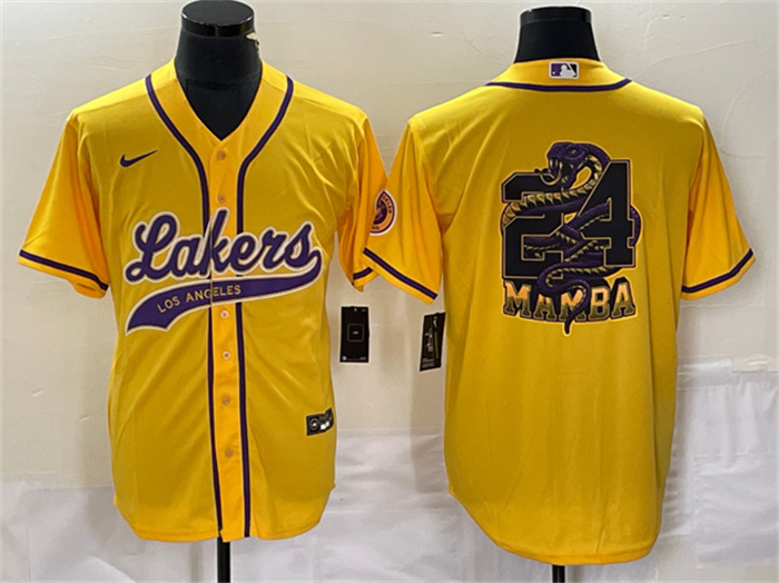 Men's Los Angeles Lakers Gold #24 Mamba Big Logo Cool Base Stitched Baseball Jersey Men's Los Angeles Lakers Gold #24 Mamba Big Logo Cool Base Stitched Baseball Jersey