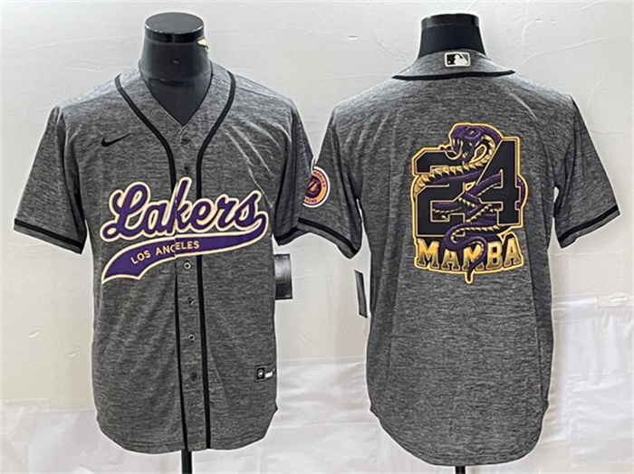 Men's Los Angeles Lakers Gray #24 Mamba Big Logo Cool Base Stitched Baseball Jersey Men's Los Angeles Lakers Gray #24 Mamba Big Logo Cool Base Stitched Baseball Jersey