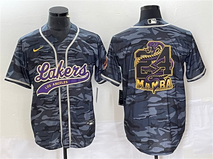 Men's Los Angeles Lakers Gray Camo #24 Mamba Big Logo Cool Base Stitched Baseball Jersey Men's Los Angeles Lakers Gray Camo #24 Mamba Big Logo Cool Base Stitched Baseball Jersey