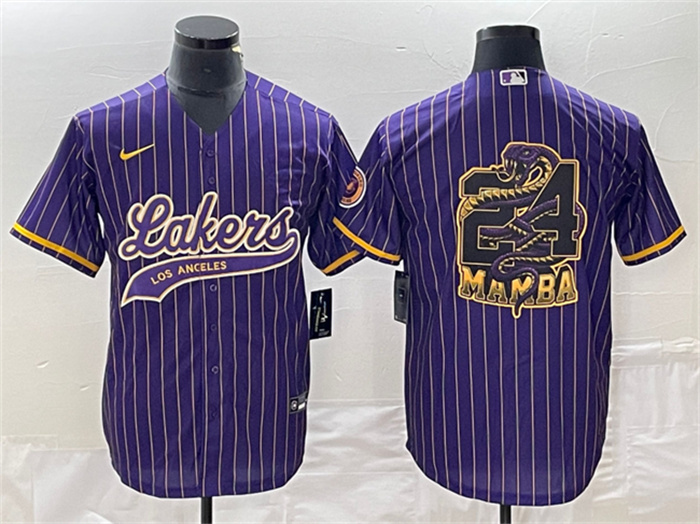 Men's Los Angeles Lakers Purple #24 Mamba Big Logo Cool Base Stitched Baseball Jersey Men's Los Angeles Lakers Purple #24 Mamba Big Logo Cool Base Stitched Baseball Jersey