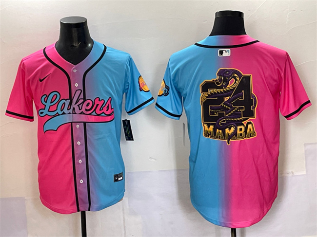 Men's Los Angeles Lakers Team Big Logo Pink Blue Limited Stitched Baseball Jersey Men's Los Angeles Lakers Team Big Logo Pink Blue Limited Stitched Baseball Jersey
