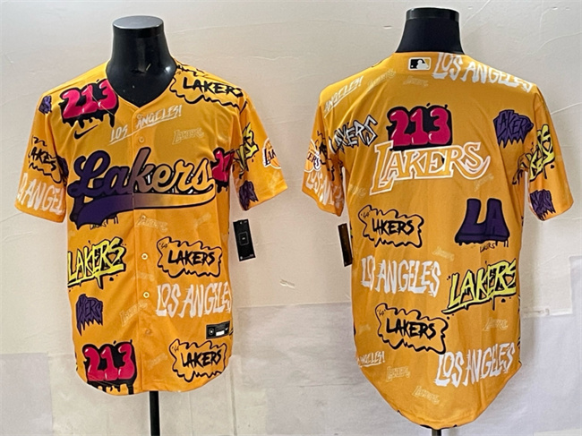 Men's Los Angeles Lakers Team Big Logo Yellow Limited Stitched Baseball Jersey 1 Men's Los Angeles Lakers Team Big Logo Yellow Limited Stitched Baseball Jersey 1