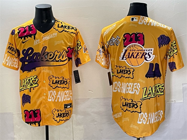 Men's Los Angeles Lakers Team Big Logo Yellow Limited Stitched Baseball Jersey 2 Men's Los Angeles Lakers Team Big Logo Yellow Limited Stitched Baseball Jersey 2