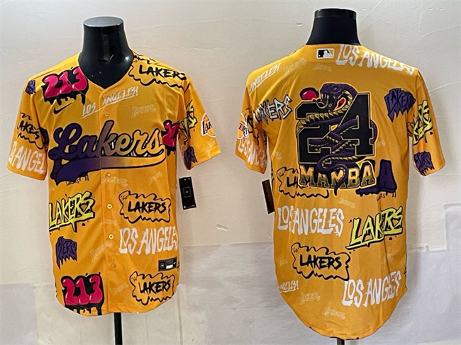 Men's Los Angeles Lakers Team Big Logo Yellow Limited Stitched Baseball Jersey Men's Los Angeles Lakers Team Big Logo Yellow Limited Stitched Baseball Jersey