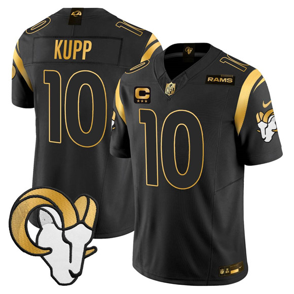 Men's Los Angeles Rams #10 Cooper Kupp Black Gold 2025 F.U.S.E. With 3-Star C Patch Vapor Untouchable Stitched Football Jersey Men's Los Angeles Rams #10 Cooper Kupp Black Gold 2025 F.U.S.E. With 3-Star C Patch Vapor Untouchable Stitched Football Jersey
