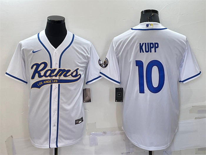 Men's Los Angeles Rams #10 Cooper Kupp White With Patch Cool Base Stitched Baseball Jersey Men's Los Angeles Rams #10 Cooper Kupp White With Patch Cool Base Stitched Baseball Jersey