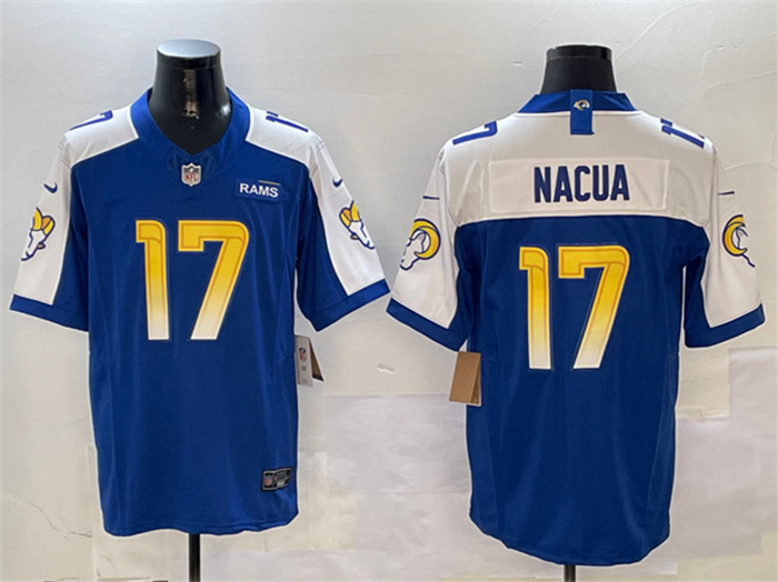 Men's Los Angeles Rams #17 Puka Nacua Blue White 2024 F.U.S.E. With Patch Vapor Untouchable Limited Stitched Football Jersey Men's Los Angeles Rams #17 Puka Nacua Blue White 2024 F.U.S.E. With Patch Vapor Untouchable Limited Stitched Football Jersey