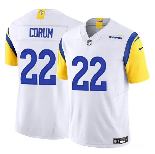 Men's Los Angeles Rams #22 Blake Corum White 2024 Draft F.U.S.E Vapor Untouchable Stitched Football Jersey Men's Los Angeles Rams #22 Blake Corum White 2024 Draft F.U.S.E Vapor Untouchable Stitched Football Jersey