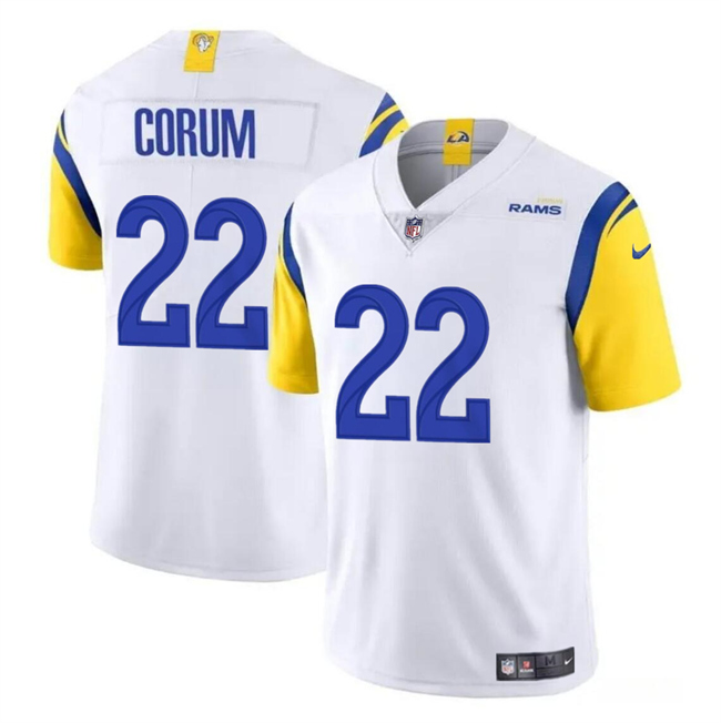 Men's Los Angeles Rams #22 Blake Corum White 2024 Draft Vapor Untouchable Stitched Football Jersey Men's Los Angeles Rams #22 Blake Corum White 2024 Draft Vapor Untouchable Stitched Football Jersey