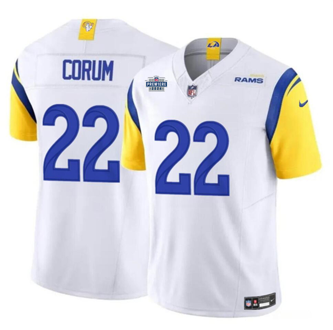 Men's Los Angeles Rams #22 Blake Corum White 2024 With Dradt Patch F.U.S.E Vapor Untouchable Stitched Football Jersey Men's Los Angeles Rams #22 Blake Corum White 2024 With Dradt Patch F.U.S.E Vapor Untouchable Stitched Football Jersey