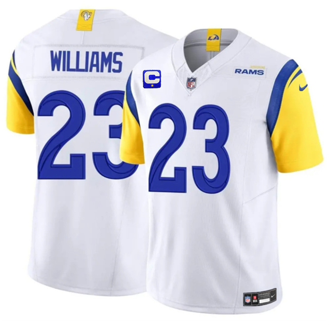 Men's Los Angeles Rams #23 Kyren Williams White 2025 F.U.S.E. With 1-Star C Patch Vapor Untouchable Stitched Football Jersey Men's Los Angeles Rams #23 Kyren Williams White 2025 F.U.S.E. With 1-Star C Patch Vapor Untouchable Stitched Football Jersey