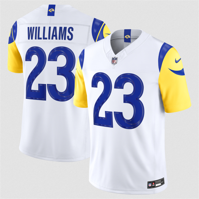Men's Los Angeles Rams #23 Kyren Williams White 2026 F.U.S.E. Vapor Limited Stitched Football Jersey Men's Los Angeles Rams #23 Kyren Williams White 2026 F.U.S.E. Vapor Limited Stitched Football Jersey