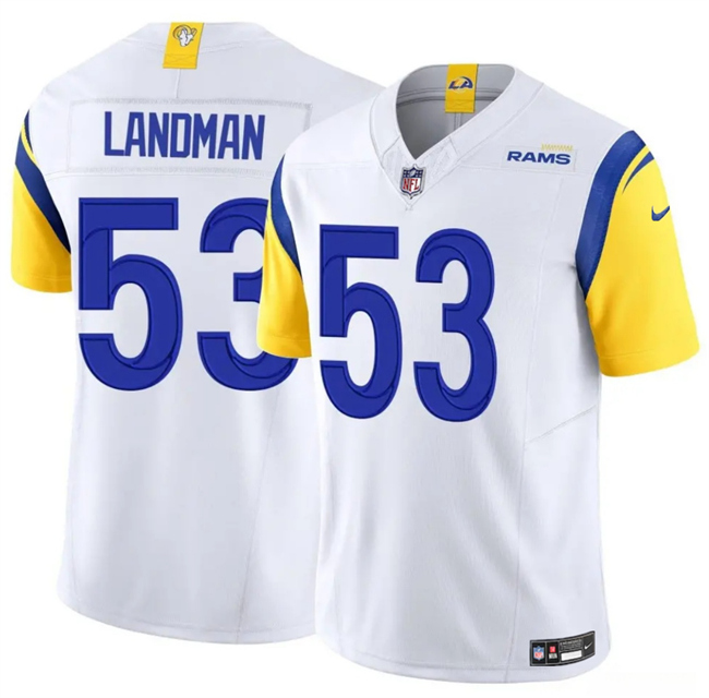 Men's Los Angeles Rams #53 Nate Landman White 2025 F.U.S.E. Vapor Untouchable Stitched Football Jersey Men's Los Angeles Rams #53 Nate Landman White 2025 F.U.S.E. Vapor Untouchable Stitched Football Jersey