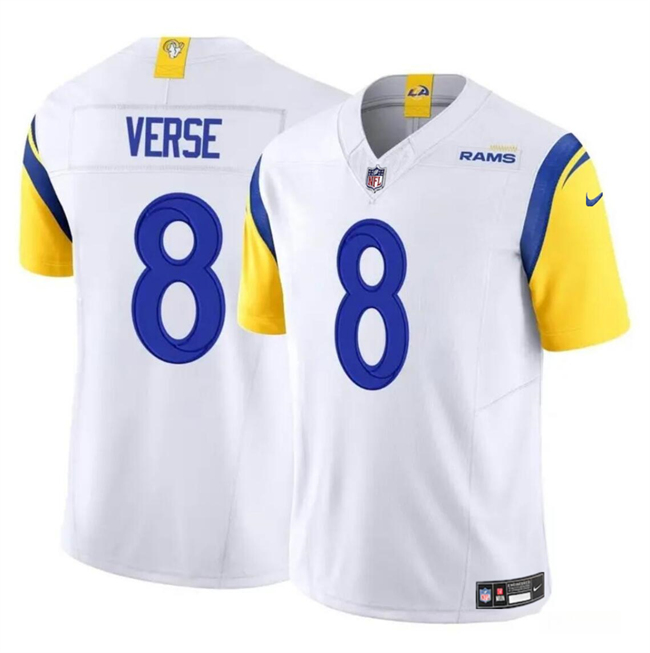 Men's Los Angeles Rams #8 Jared Verse White 2024 Draft F.U.S.E Vapor Untouchable Stitched Football Jersey Men's Los Angeles Rams #8 Jared Verse White 2024 Draft F.U.S.E Vapor Untouchable Stitched Football Jersey